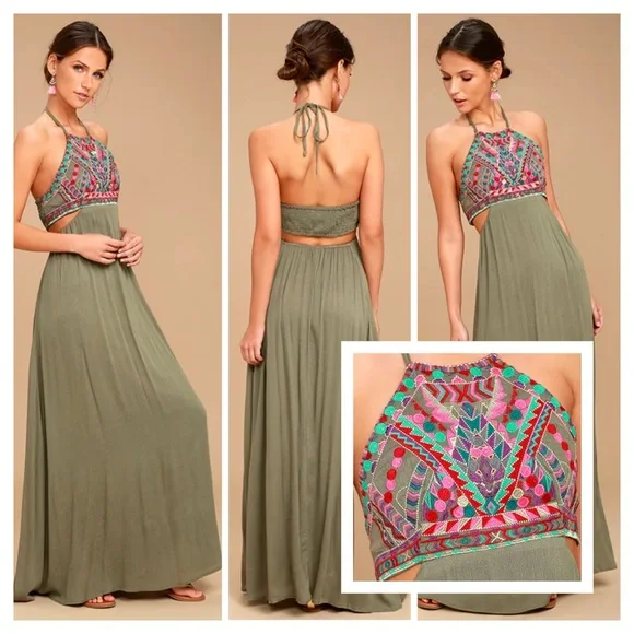 Lulus | Dresses | Lulus Little Beach Embroidered Maxi Dress Olive Green  Cutout Metallic Boho Xs | Poshmark